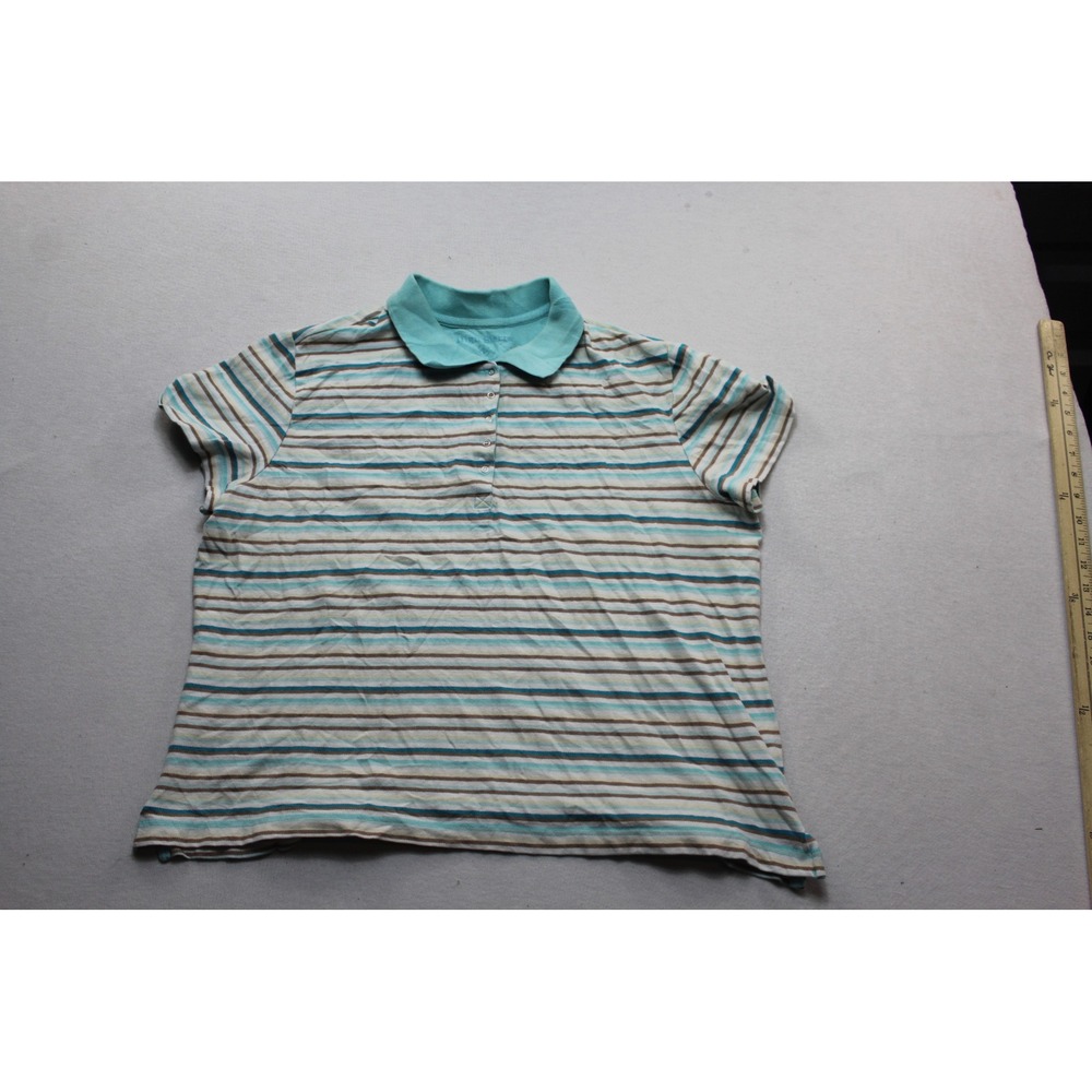 High Sierra Polo Shirt Womens Medium Teal Brown Excellent Striped Short Sleeve